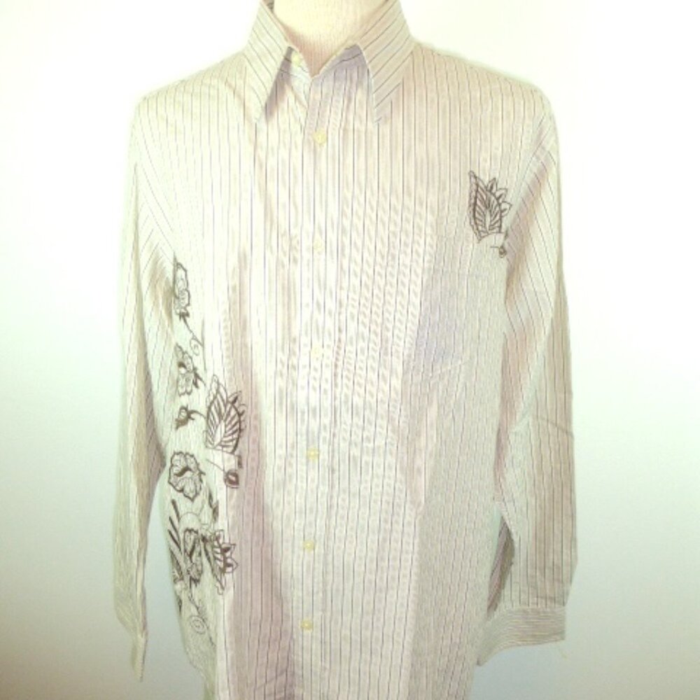 LUCKY brand tan stripes floral embroidered cotton button up long sleeve shirt xl